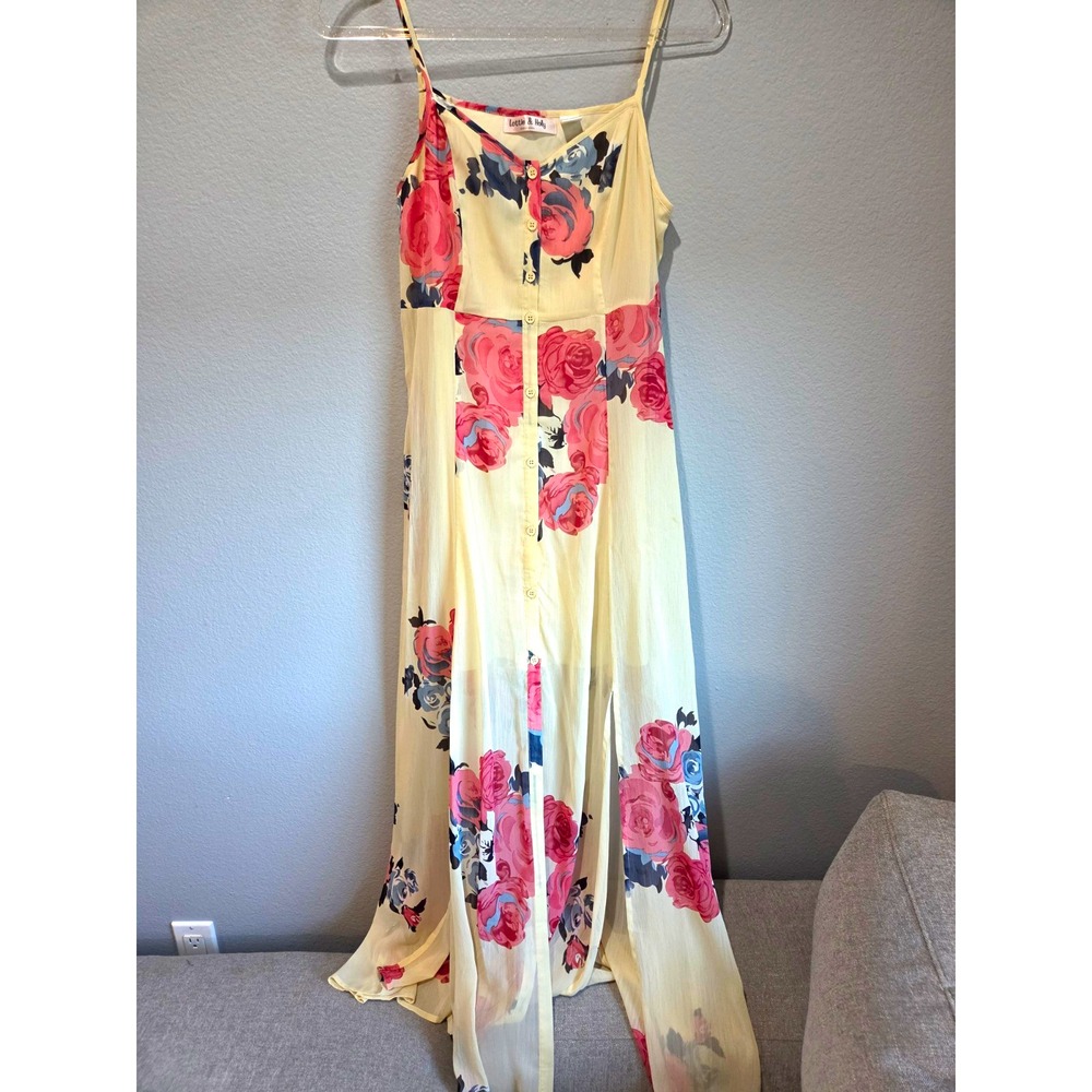 Lottie & Holy M Ivory/Pink/Blue Floral Chiffon V-Neck Sheer Button Maxi Dress